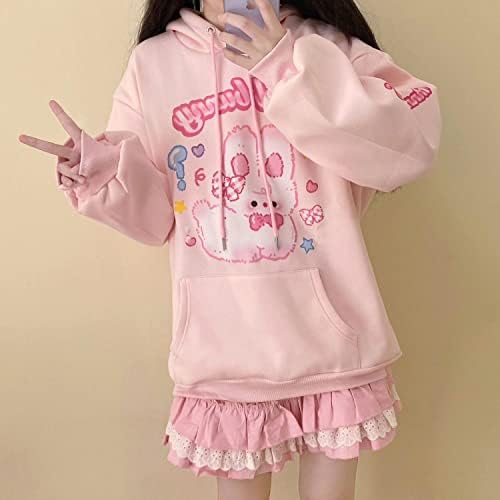 Kawaii Bunny Pink Hoodie Rabbit Capuz Selta menina adolescente Mulheres japonesas fofas de enrolamento de tamanho longo de roupas