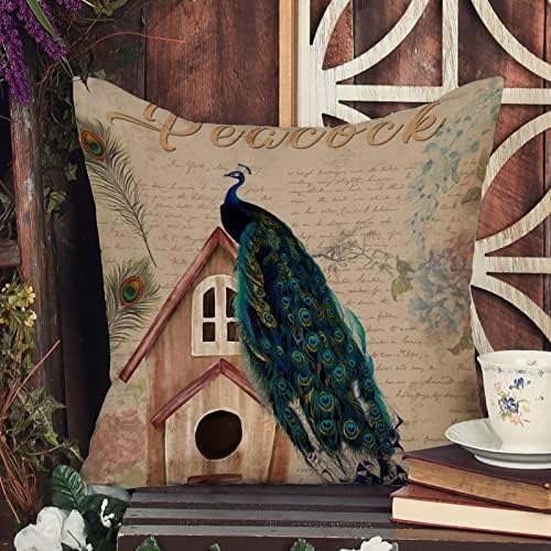 Pavão roxo azul rústico com flores arborize a tampa de travesseiro colorido decoração de pavão de ninho travesseiro de almofada de almofada de almofada de almofada decorativa quadrada decoração de casa para sofá de sofá -cama carro de escritório 22x22in