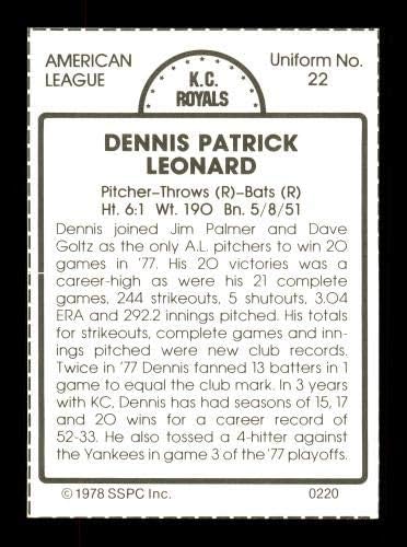 Dennis Leonard autografou 1978 SSPC Card #220 Kansas City Royals SKU #172360 - Cartões autografados de matadrões de beisebol