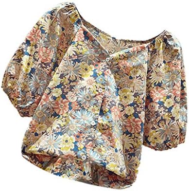 Lcepcy Puff Sleeve Tops for Women Floral Impresso V Botão do pescoço Down Bloups Summer casual sai camisetas camisetas