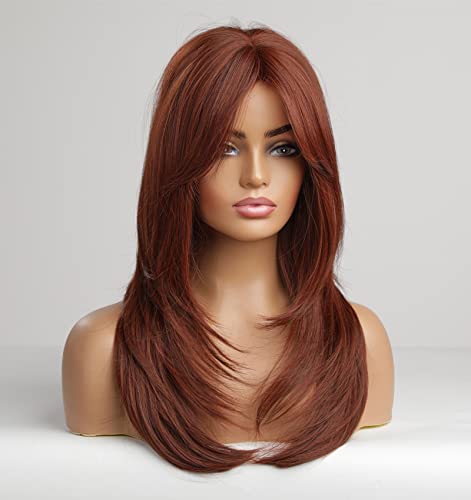Vedar Auburn Red Wigs com franja, perucas vermelhas de cobre para mulheres, cabelos sintéticos de comprimento dos ombros Red peruca cheia, peruca de cabelo liso do comprimento médio, Vedar-235 de 20 polegadas