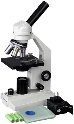 Microscópio de composto monocular sem fio liderado pelo AMScope, WF10X ocular, ampliação 40x-400X, iluminação LED, campo brilhante, condensador de lente única, foco grosso e fino, estágio simples, 110V ou operação sem fio