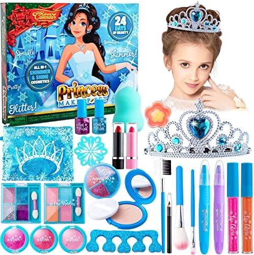 Joyin 24 PCs Christmas 2022 Advento Calendário Blue Makeup Para meninas, 24 dias de natal contagem regressiva beleza calendário lavável maquiagem configurada para crianças, presente de férias