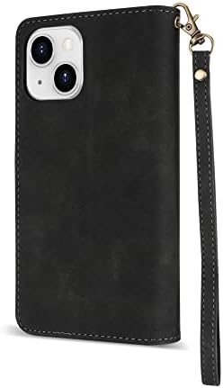 Carteira ZZXX iPhone 14 Plus Caixa com [bloqueio de RFID] slot de cartão premium PU Soft PU Zipper Flip Folio com pulseira Cobertura protetora de pulso