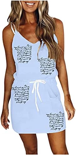 Vestido Cami Casual Womens Summer v pescoço mini vestidos curtos vestido de espaguete sem mangas com bolsos de cinto