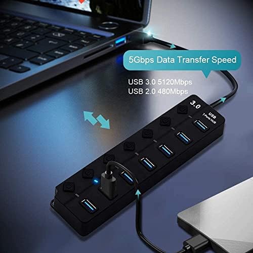 Babyce USB Hub, Hub USB de 7 portas, Splitter USB 3.0 com interruptores e luzes de ativação individual, para laptop e