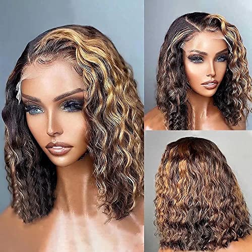 Quinlux Wigs #4/77 Destaque Wigs de renda de cabelo humano curto e curto para mulher negra de 180% de densidade completa Bob Deep Wave 13x6 Wigs frontal de renda