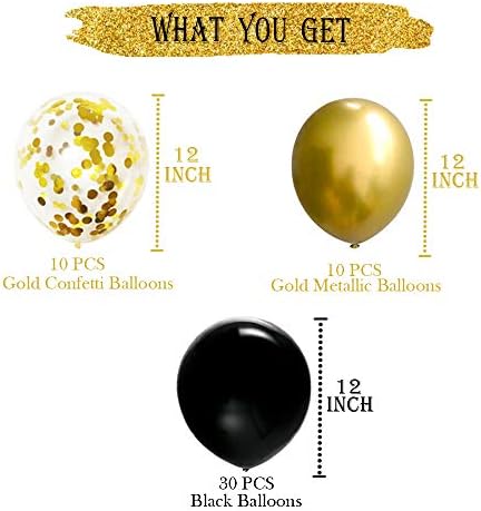 50 PCs 12 polegadas Balões pretos e dourados, balões de confetes dourados, balões de látex cromados metálicos pretos e dourados para decorações de festas de aniversário Kit de arco do balão de formatura
