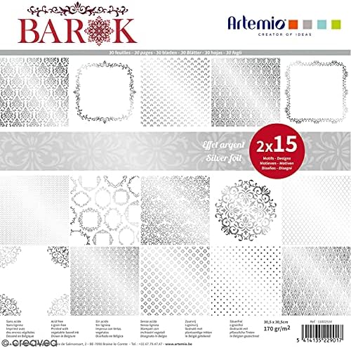 Artemio 30 folhas de papel de recortes 30 x 30 cm Barok Foil Silver