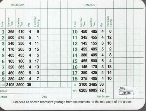 Floyd+Zoeller+Stadler+Burke+Aaron Hand Signed Masters Golf Score Card JSA - Scorecards de golfe autografados
