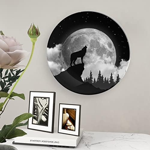 Lobo uivando na lua cheia Função de ossos China Decorativa Placas redondas Craft Craft With Display Stand for Home Office