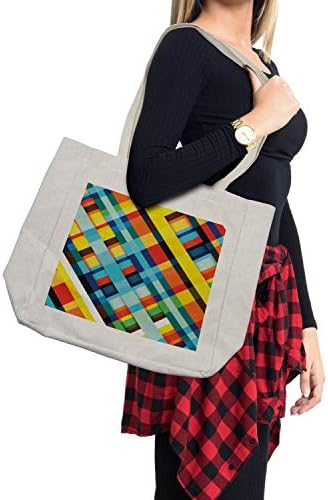 Saco de compras coloridas de Ambesonne, linhas de cores vivas com listras com elementos diagonais layout retrô com toque moderno, bolsa