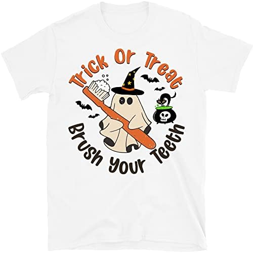 Camisa do dentista de Halloween, truque ou tratamento escova a camiseta de dentes, camiseta de higienista dental, tee de dentista