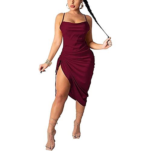 Vestido de clube para mulheres Rouched Drawstring Bodycon Vestido de capota sexy Cami Dress Party Midi Dress Cocktail Night Dress