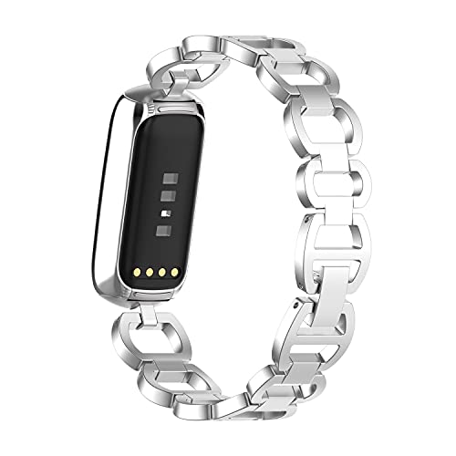 EIEUUK Compatível com faixas de luxuos/luxuosas Fitbit, estilo de aço inoxidável ajustável de estilo de aço inoxidável Link de pulseira de pulseira Substituição de pulseira para smartwatch Women Girl Hollow - prata afluxewblk671