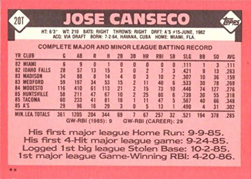 1986 Topps trocou beisebol 20T Jose Canseco Rookie Card