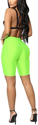 Shorts de motociclista Sunfexoy para mulheres, calças de ioga de treino ativo brilhante de cintura alta e brilhante, comprimento
