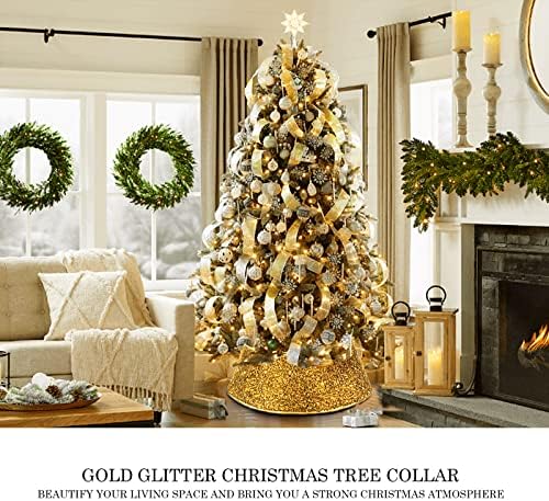 Colarinho de árvore de natal mjarttoria 30 polegadas, anel de árvore de brilho de ouro, saia de árvore de Natal para árvore de Natal artificial, festa de natal rústica de férias decoração de natal interno
