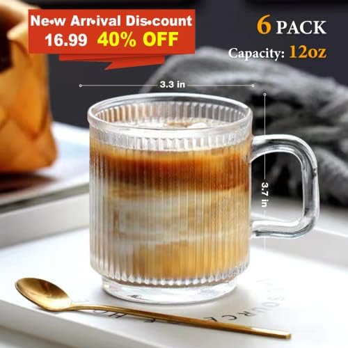 QiCEDM 6 Pack Premium Glass Coffee Canecas com alça, 12 oz de listras verticais clássicas xícaras de café de vidro, xícara de chá transparente para bebidas quentes/frias, conjunto de copos para americano, latte, cappuccino