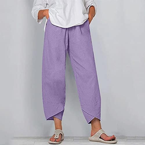 Calça de linho de algodão feminina de Zhuer, calça de perna larga e elástica da cintura larga de perna larga com calças confortáveis ​​com bolsos