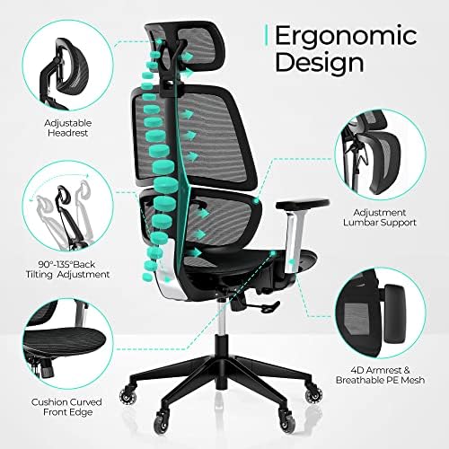 Cadeira de escritório ergonômico de Linsy Home, cadeira de tarefas ergonômicas giratórias com apoio de cabeça e braços
