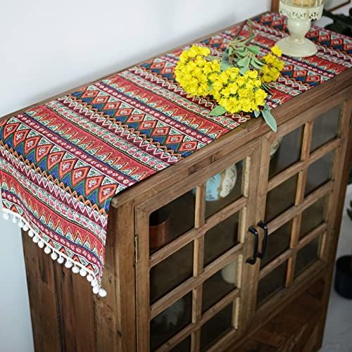 Sutávia Red Boho Table Runner Cotton Linen Fabric com pompom requintado tabela de mesa boêmia Capas de fazenda rústica para casa de jantar de banquete de férias em casa decoração