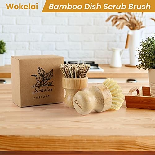 Escovas de esfoliação de prato de bambu Conjunto para cozinha - escovas de limpeza de madeira, escovas, pratos naturais ecológicos para lavar escova para lavar louça de ferro fundido, frigideira vegetais afundam, conjunto de 2