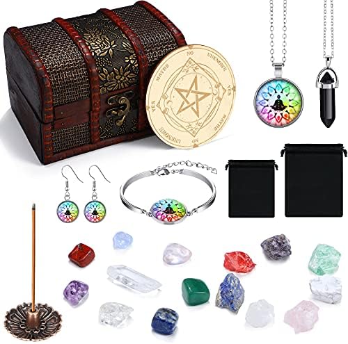 24 peças Cristais e pedras de cura Definir WicCan Altar suprimentos Chakra Stones 7 Gemold Gemtones Colar Pendulum Board para Halloween