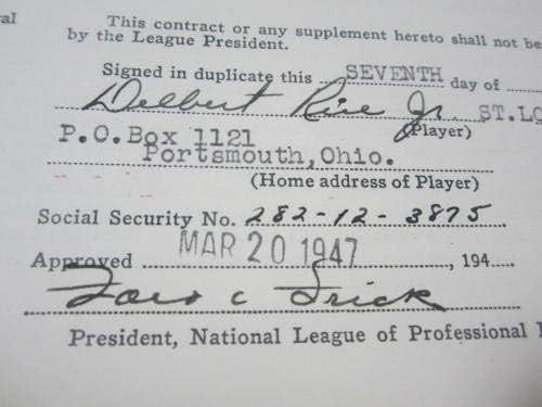 Ford Frick Del Rice Cardinals assinou 1947 Jogadores da Liga Nacional Contrato JSA - MLB Cut Signature