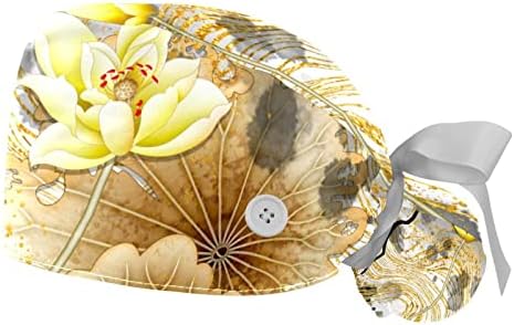 Capinha de trabalho com botões Fita de banda de suor Amarra para trás chapéus bouffant, folhas de árvore de pinheiro japonesas Night