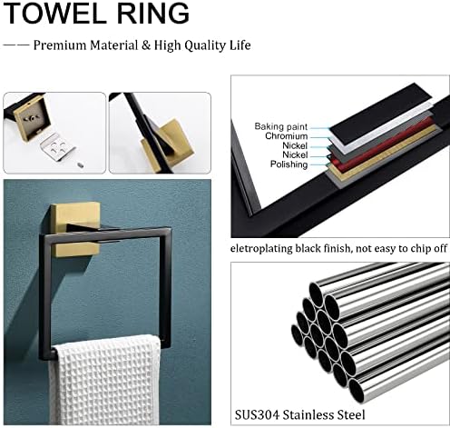Towel quadrado de banheiro tqkag Ring e papel higiênico Roupas de roupão para banheira de cozinha montada na parede de aço inoxidável, preto/ouro