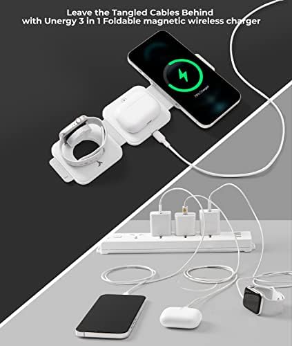 Unergia 3 IN1 Charger sem fio dobrável, Magnetic Pad, Compatível com iPhone 14/pro/max/Plus/13/12, Apple Watch, AirPods/2/3, AirPods Pro