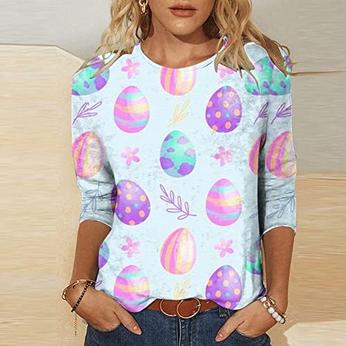 Camiseta feminina 2023 3/4 manga algodão tripulante gráfico de pescoço feliz presente casual ovo de páscoa camiseta para