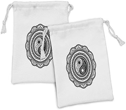 Conjunto de bolsas de tecido preto e branco de Ambesonne de 2, mandala no estilo de tatuagem com girassóis e formato Yin Yang, pequena bolsa de cordão para máscaras e favores de produtos de higiene pessoal, 9 x 6, branco e preto