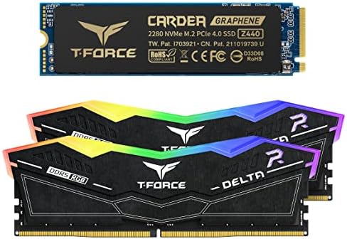 Teamgrupo T-Force Delta RGB DDR5 Kit de 32 GB 6400MHz Memória da mesa FF3D532G6400HC40BDC01 Pacote com CARDEA Z440 1TB NVME PCIE GEN4 M.2 2280 GAMING SSD TM8FP7001T0C311