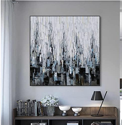 Pintura a óleo pintada à mão Yuanyiran pintada a mão abstrata prata cinza - arte quadrada sala de estar texturizada sala de jantar mural moderno minimalista em preto e branco pintura decoração de parede, sem moldura, 110x110cm