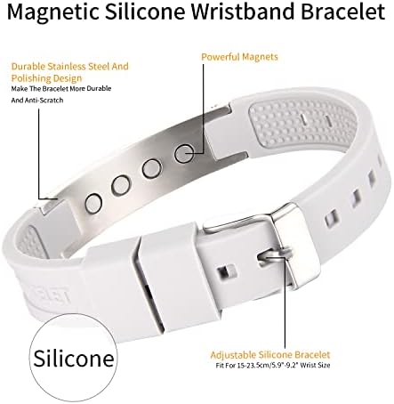 Silicone magnético MagEnergy e pulseira de pulseira cinza em aço inoxidável com ímãs de 4pcs para homens Mulheres 9.2in Bracelete
