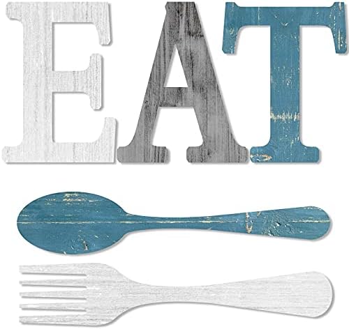 Conjunto de placas de eat, garfo e colher de parede, decoração de madeira rústica, letras fofas para cozinha e casa, letras