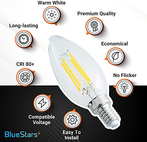 Bluestars 10-Pack C35 E12 B11 Bulbo de Candelabra de 6 watts, equivalente a 60W, 2700k Luz branca quente, 650lm, LED C35 Filamento Vintage Bulbos de vidro transparentes para lustres, ventiladores de teto…