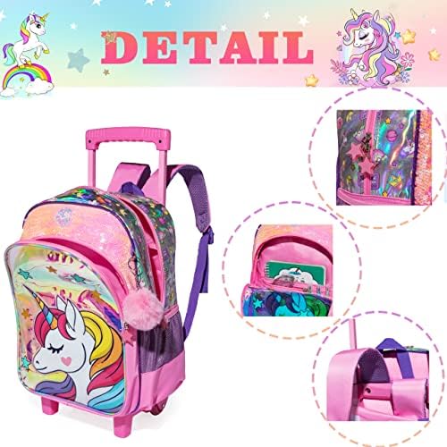 HTGROCE Unicorn Rolling Mackpack for Girls, mochila do jardim de infância para meninas com rodas, bolsa para crianças da escola com rodas Toddler Wheeled Bookbag Elementary