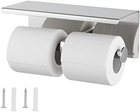 Porta de papel higiênico duplo SCDGRW com prateleira, 304 suporte de papel higiênico de aço inoxidável montado na parede, armazenamento de papel higiênico de banheiro, dispensador de rolagem dupla de lenço de lenço de lenços comerciais