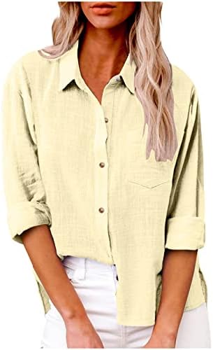 Camas de botão do pescoço para mulheres para mulheres, blusa de camiseta de manga comprida Tops de linho de algodão