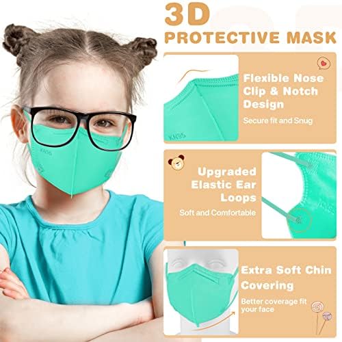 Máscaras do XDX Kids KN95 Para crianças, 50 pacote de máscaras de faces descartáveis ​​individualmente, máscara de 5 camadas KN95 coloridas, respirável e confortável, eficiência de filtro ≥95%