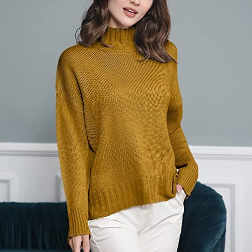 Huankd Sweaters femininos moda casual manga de manga longa de malha de cor sólida com gúmula superior de gola alta