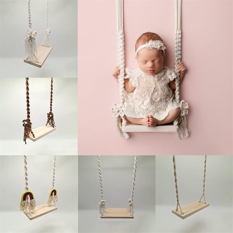 Vomdrok Newborn Photography Props Swing de madeira Posing Acessórios Baby Photo menino menina Macrame Swing Vintage Posing