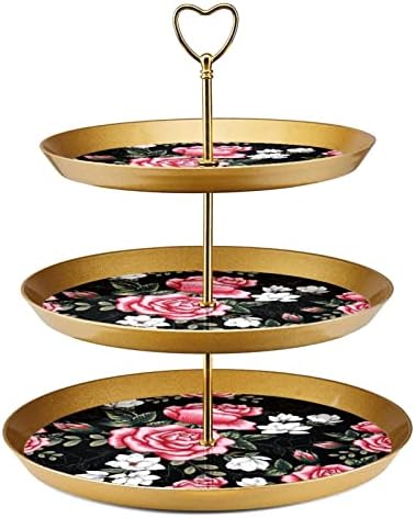 Bolo Stands Conjunto de 3, Blossoming Pink Roses Pedestal Display Table Sobremsert Stand para Celebração do chá de bebê de casamento