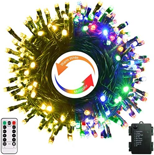 100 luzes de cordas de Natal LEDs operadas por bateria, luzes de fada de dupla cor, arame verde de 33 pés com timer remoto luzes de brilho interno externo para decoração de festa da árvore de natal quente branco e multi-color