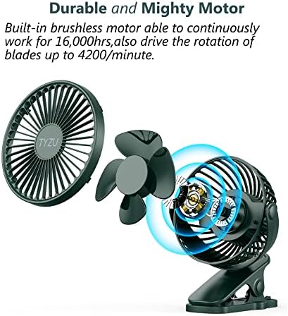 Tyzu 5 polegadas Clipe no ventilador, ventilador de mesa de 3 velocidades, fã de carrinho portátil operado por bateria de