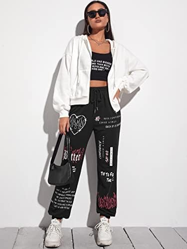 Calça esportiva feminina de gwnwtt fogo e slogan gráfico de bolso de bolso de empolgamento
