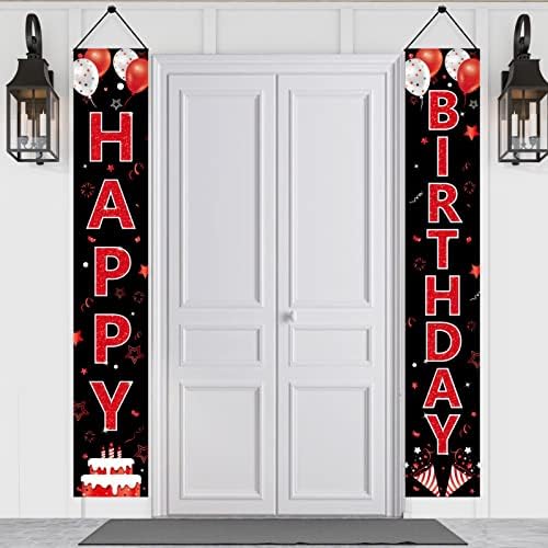 Decorações de bandeira de porta de aniversário vermelha e preta para homens, mulheres, preto de feliz aniversário, alpendre, suprimentos de festa, 16º 21º 30º 40º 50º 60º aniversário decoração